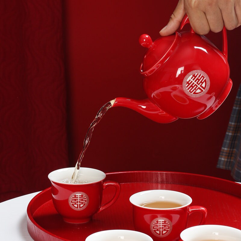 Wedding Tea Ceremony Set, Double Happiness Wedding Set includes Teapot, 6/8/10 Cups and Tray, Oriental Tea Ceremony Set for Wedding