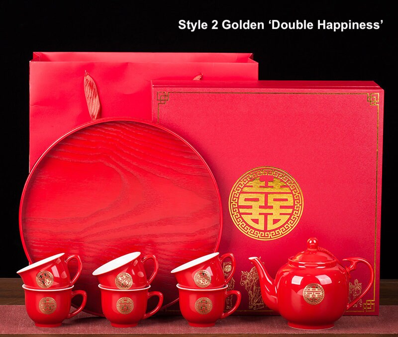 Wedding Tea Ceremony Set, Double Happiness Wedding Set includes Teapot, 6/8/10 Cups and Tray, Oriental Tea Ceremony Set for Wedding