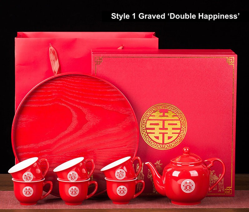 Wedding Tea Ceremony Set, Double Happiness Wedding Set includes Teapot, 6/8/10 Cups and Tray, Oriental Tea Ceremony Set for Wedding