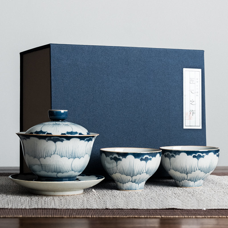 Fanggu Style Blue White Peony Gaiwan Set, Jingdezhen Handmade Gaiwan with Cups, Porcelain Gaiwan with Saucer, Kungfu Tea Lovers Gift
