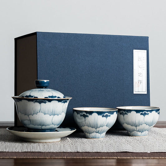 Fanggu Style Blue White Peony Gaiwan Set, Jingdezhen Handmade Gaiwan with Cups, Porcelain Gaiwan with Saucer, Kungfu Tea Lovers Gift