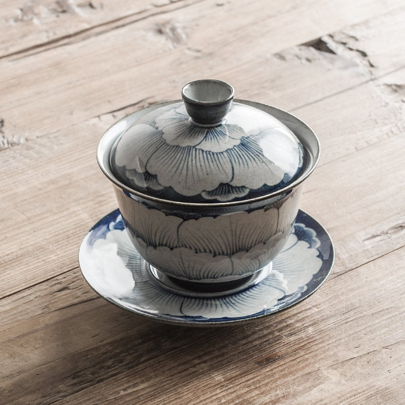 Fanggu Style Blue White Peony Gaiwan Set, Jingdezhen Handmade Gaiwan with Cups, Porcelain Gaiwan with Saucer, Kungfu Tea Lovers Gift