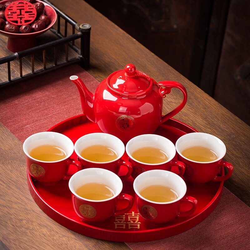 Wedding Tea Ceremony Set, Double Happiness Wedding Set includes Teapot, 6/8/10 Cups and Tray, Oriental Tea Ceremony Set for Wedding