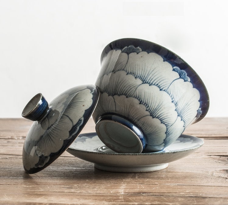Fanggu Style Blue White Peony Gaiwan Set, Jingdezhen Handmade Gaiwan with Cups, Porcelain Gaiwan with Saucer, Kungfu Tea Lovers Gift