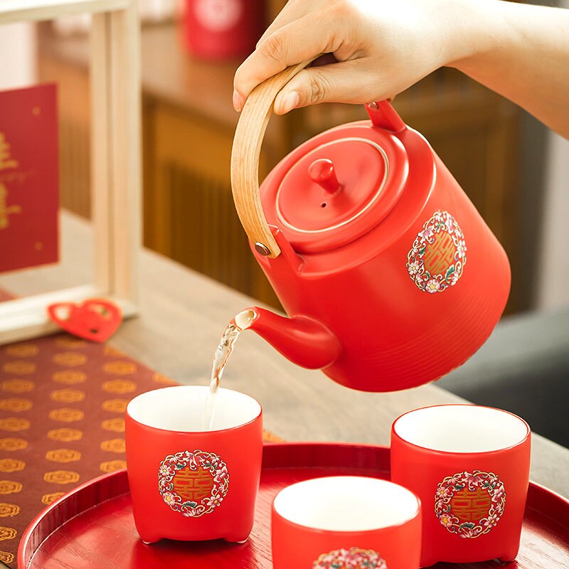 Chinese Wedding Tea Ceremony Set, Double Happiness Wedding Teapot Set, Red Ceramic Teapot Set with 6 Cups and Tray, Wedding Gift