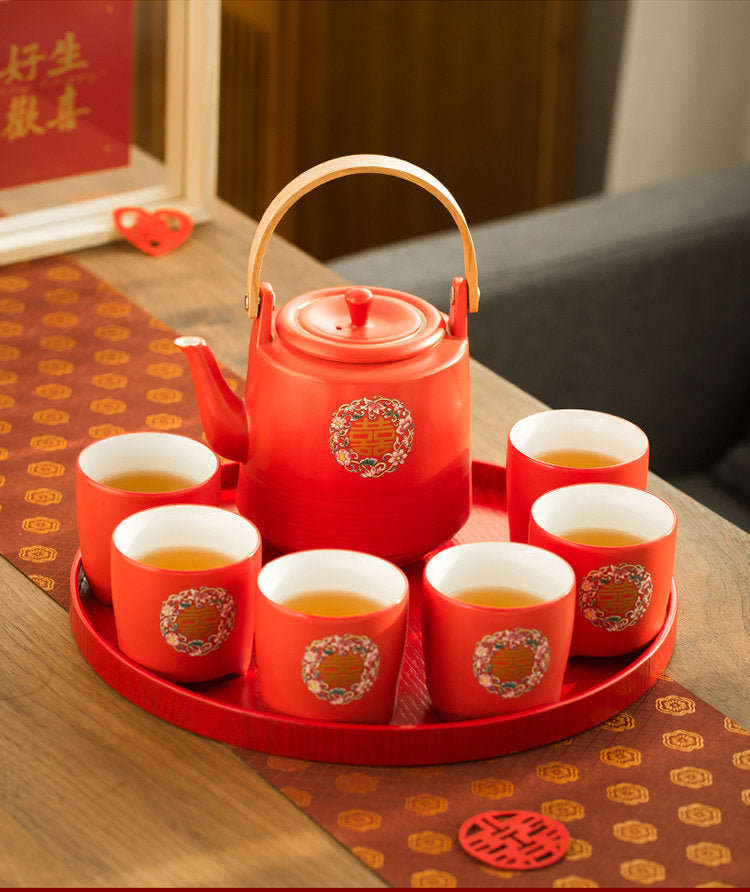 Chinese Wedding Tea Ceremony Set, Double Happiness Wedding Teapot Set, Red Ceramic Teapot Set with 6 Cups and Tray, Wedding Gift