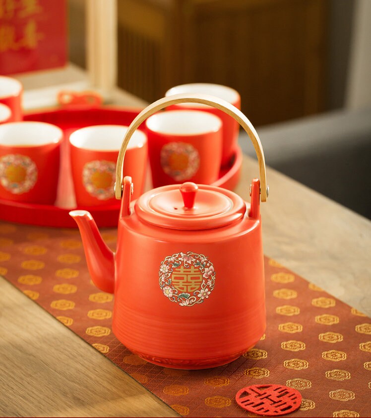 Chinese Wedding Tea Ceremony Set, Double Happiness Wedding Teapot Set, Red Ceramic Teapot Set with 6 Cups and Tray, Wedding Gift