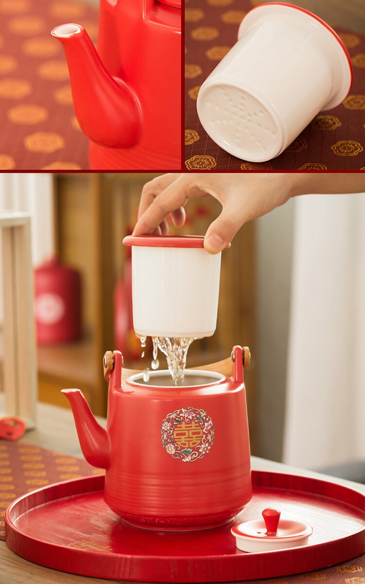 Chinese Wedding Tea Ceremony Set, Double Happiness Wedding Teapot Set, Red Ceramic Teapot Set with 6 Cups and Tray, Wedding Gift