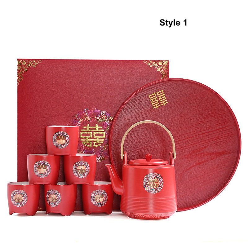 Chinese Wedding Tea Ceremony Set, Double Happiness Wedding Teapot Set, Red Ceramic Teapot Set with 6 Cups and Tray, Wedding Gift