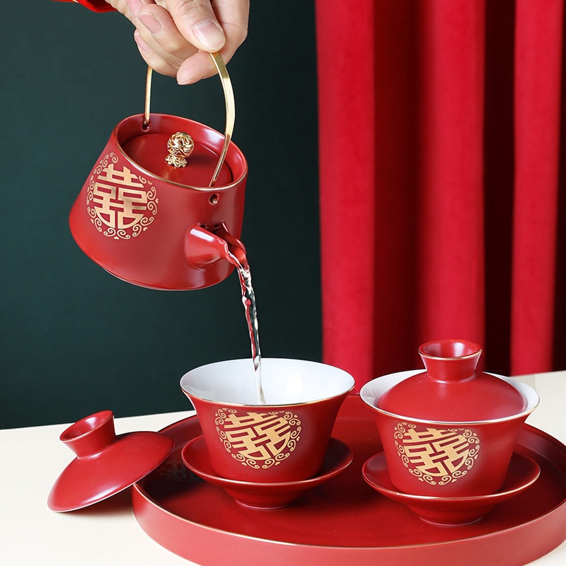 Oriental Wedding Tea Ceremony Set, Double Happiness Chinese Tea Ceremony Set, Chinese Wedding Tea Set, Red Teapot Set