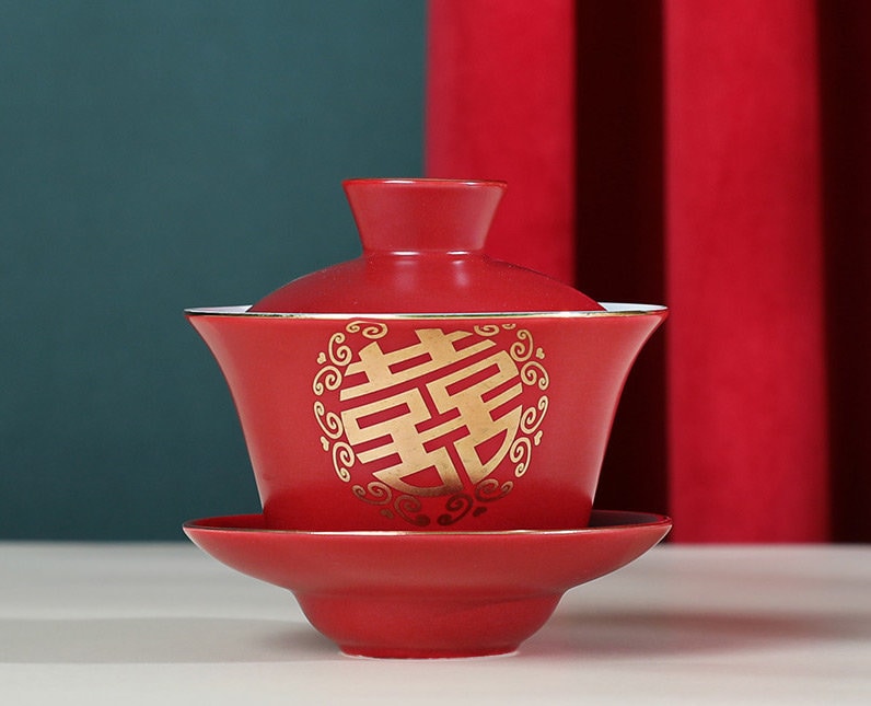 Oriental Wedding Tea Ceremony Set, Double Happiness Chinese Tea Ceremony Set, Chinese Wedding Tea Set, Red Teapot Set