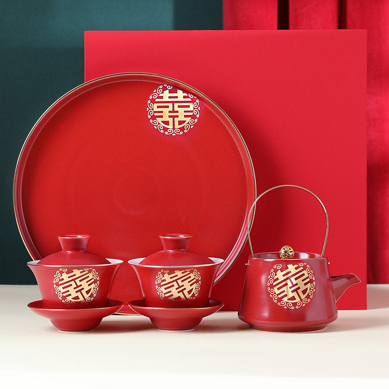Oriental Wedding Tea Ceremony Set, Double Happiness Chinese Tea Ceremony Set, Chinese Wedding Tea Set, Red Teapot Set