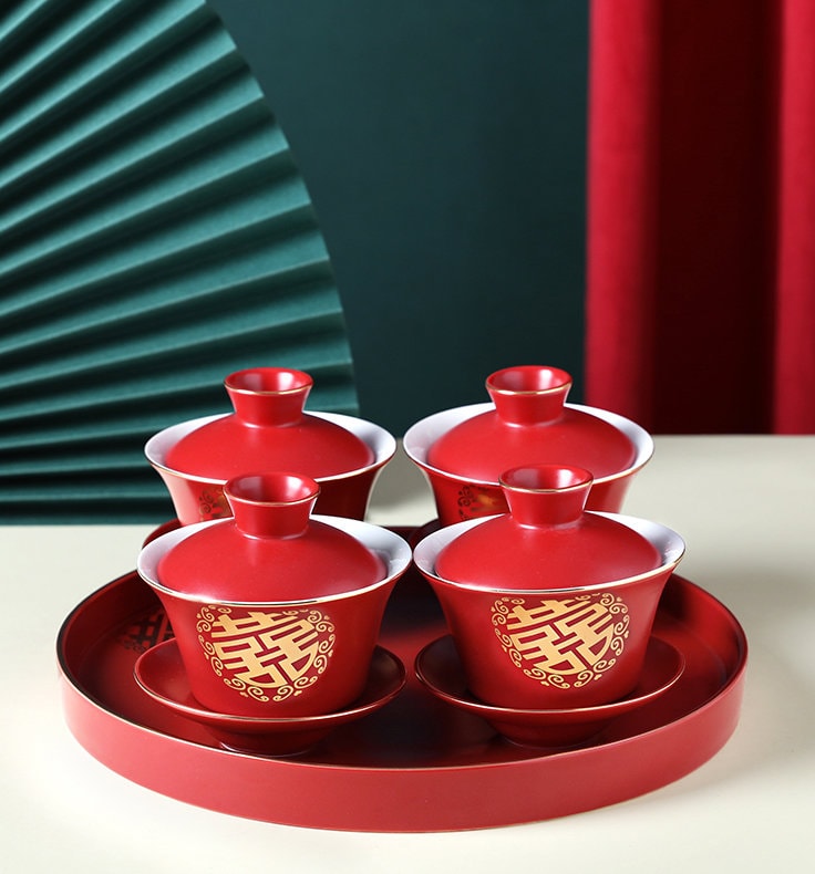 Oriental Wedding Tea Ceremony Set, Double Happiness Chinese Tea Ceremony Set, Chinese Wedding Tea Set, Red Teapot Set
