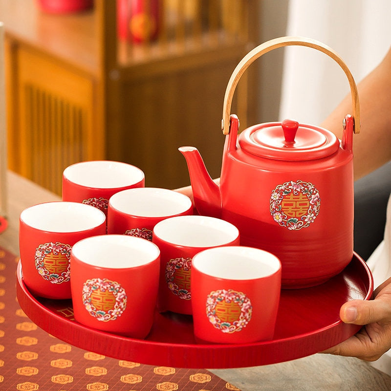 Chinese Wedding Tea Ceremony Set, Double Happiness Wedding Teapot Set, Red Ceramic Teapot Set with 6 Cups and Tray, Wedding Gift