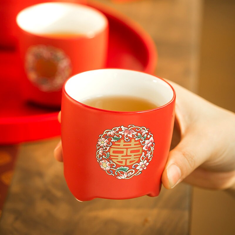 Chinese Wedding Tea Ceremony Set, Double Happiness Wedding Teapot Set, Red Ceramic Teapot Set with 6 Cups and Tray, Wedding Gift