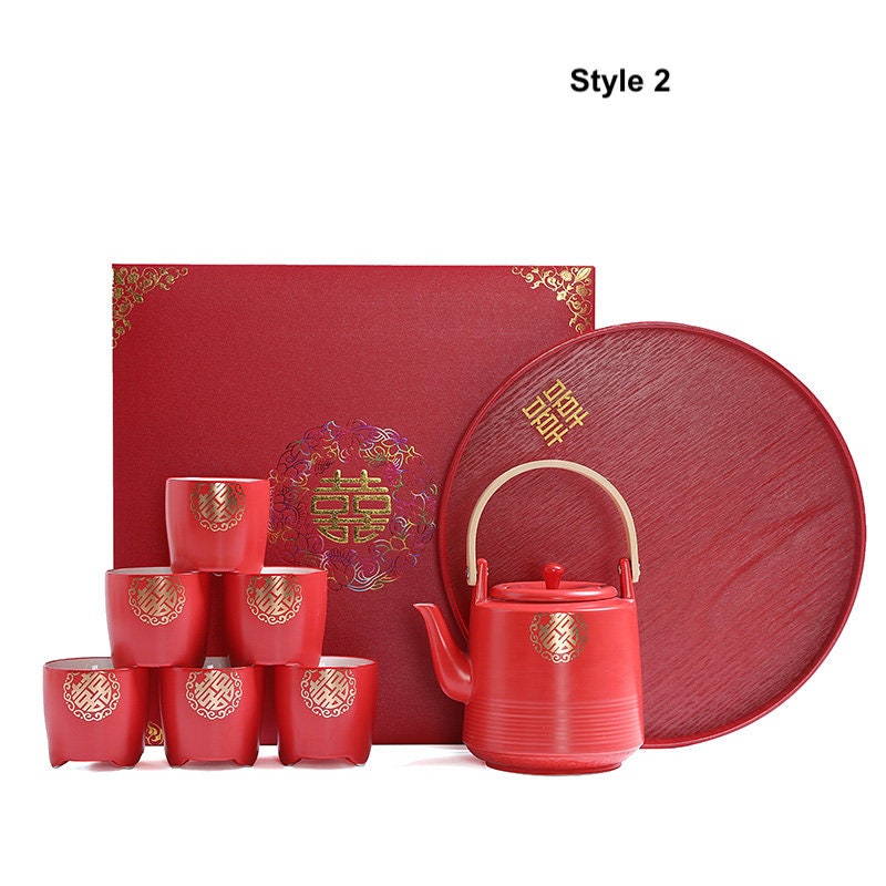 Chinese Wedding Tea Ceremony Set, Double Happiness Wedding Teapot Set, Red Ceramic Teapot Set with 6 Cups and Tray, Wedding Gift