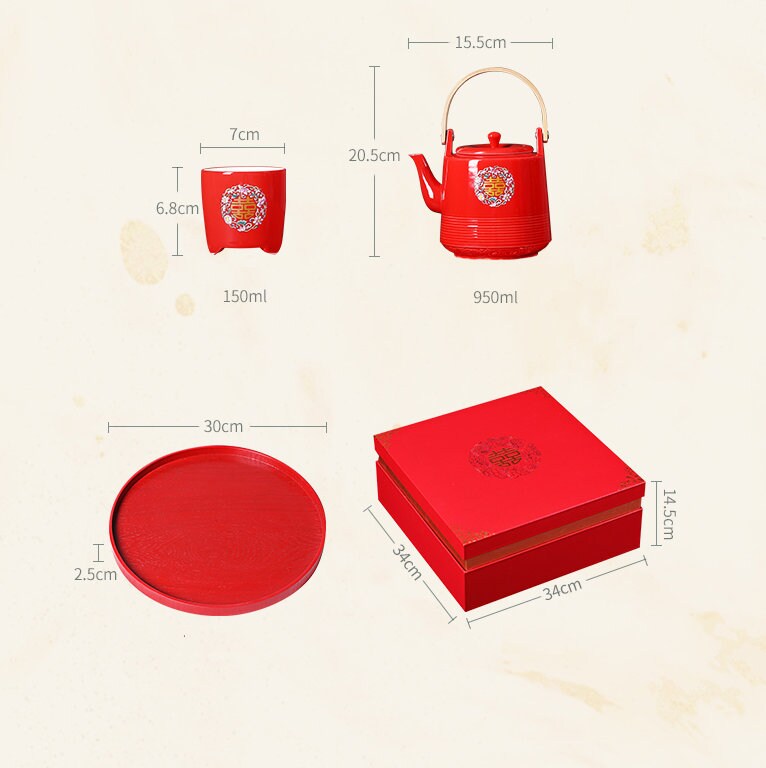 Chinese Wedding Tea Ceremony Set, Double Happiness Wedding Teapot Set, Red Ceramic Teapot Set with 6 Cups and Tray, Wedding Gift