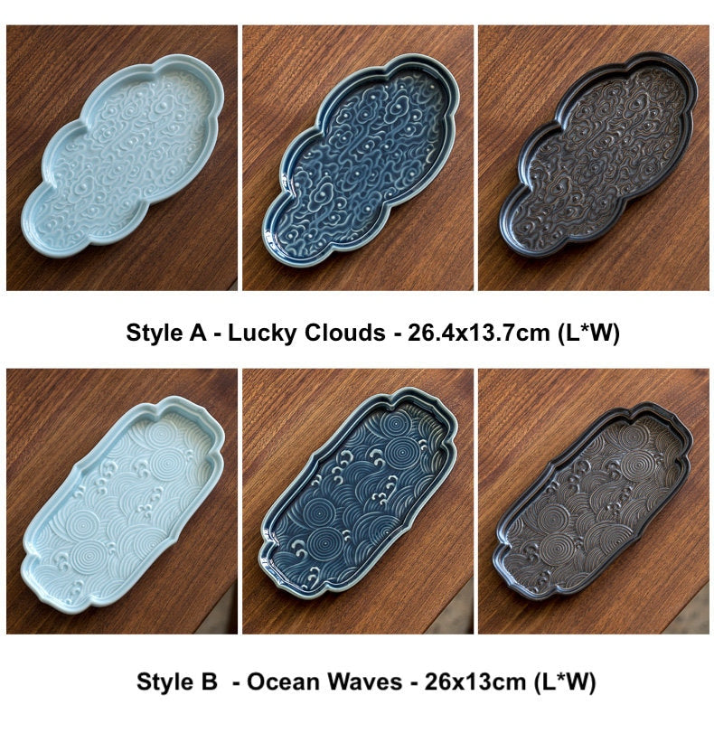 Clouds & Waves Pattern Tea Tray, Tea Table Fruit Snack Tray, Zen Style, Ceramic Tea Serving Tray, Gongfu Tea Tray, Wedding Decor Trays