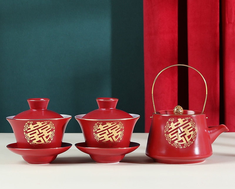 Oriental Wedding Tea Ceremony Set, Double Happiness Chinese Tea Ceremony Set, Chinese Wedding Tea Set, Red Teapot Set