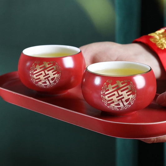 Chinese Wedding Tea Ceremony Cups, Double Happiness Wedding Tea Cups, Red Ceramic Tea Cups, Chinese Tea Ceremony Cups