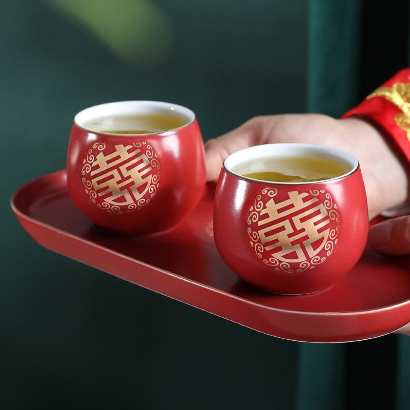 Chinese Wedding Tea Ceremony Cups, Double Happiness Wedding Tea Cups, Red Ceramic Tea Cups, Chinese Tea Ceremony Cups