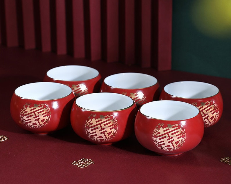Chinese Wedding Tea Ceremony Cups, Double Happiness Wedding Tea Cups, Red Ceramic Tea Cups, Chinese Tea Ceremony Cups