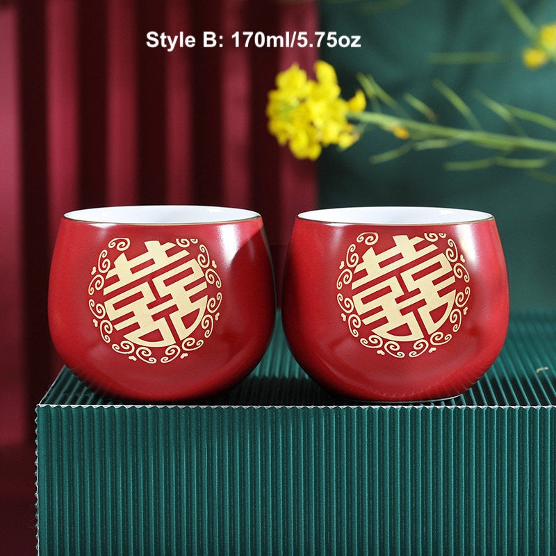 Chinese Wedding Tea Ceremony Cups, Double Happiness Wedding Tea Cups, Red Ceramic Tea Cups, Chinese Tea Ceremony Cups