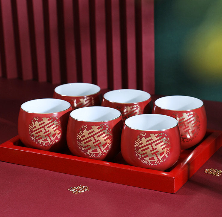Chinese Wedding Tea Ceremony Cups, Double Happiness Wedding Tea Cups, Red Ceramic Tea Cups, Chinese Tea Ceremony Cups