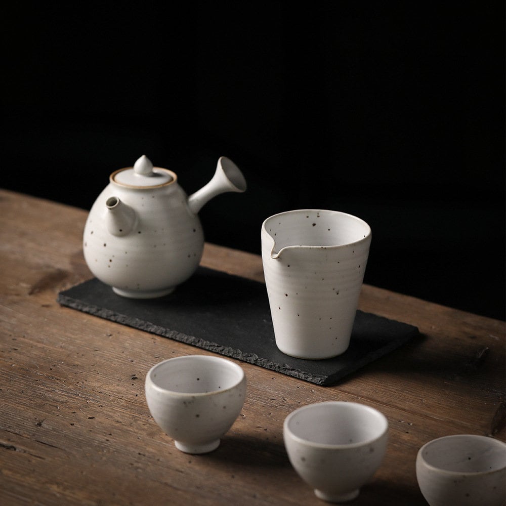 Stoneware Kyusu Teapot Set, Jingdezhen Handmade Kungfu Tea Set - 1 teapot, 4 cups and 1 pitcher, Gongfu Tea Ceremony Set, Gift to Tea Lovers