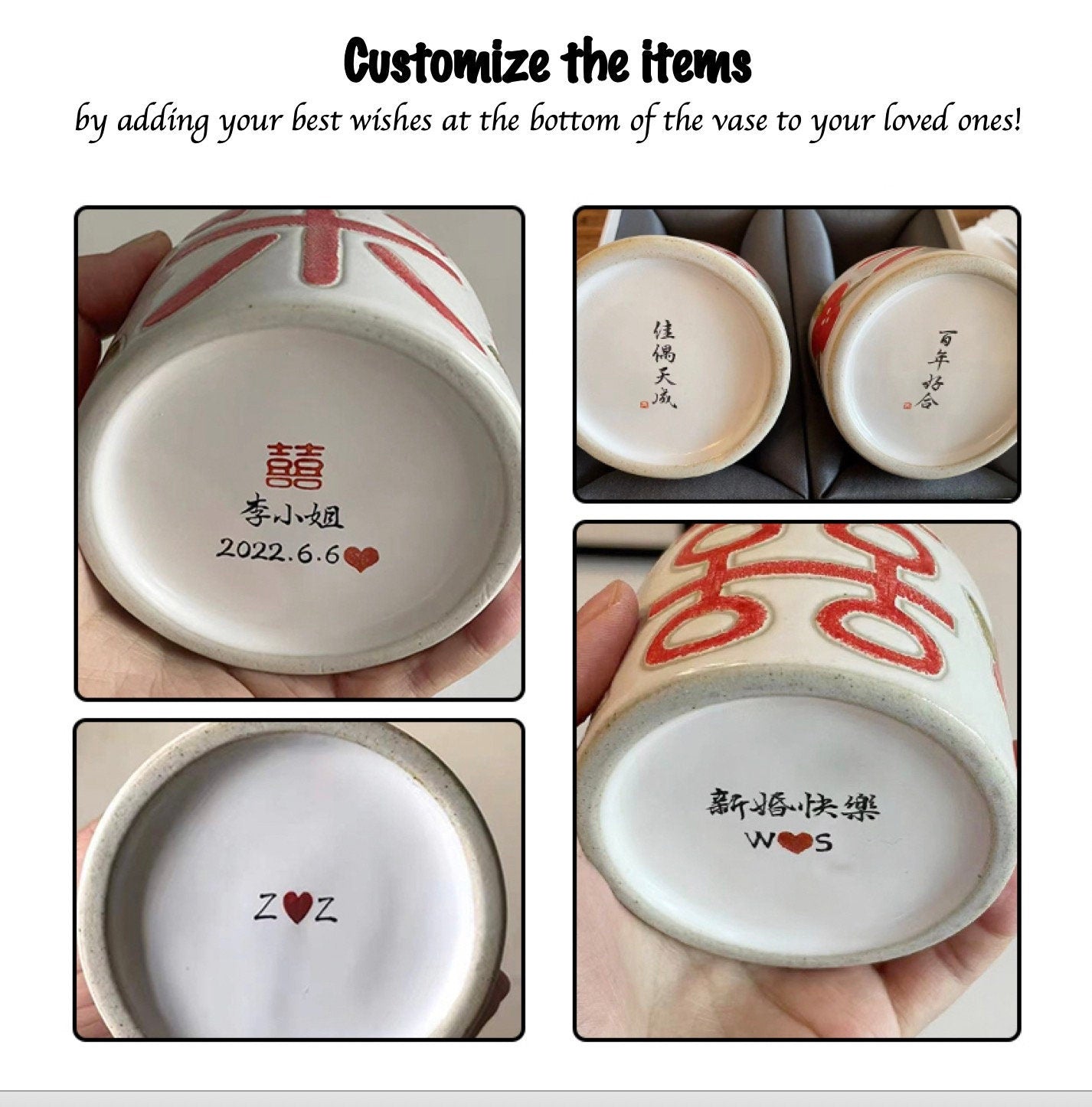 Double happiness small vase, Wedding gift vase, housewarming gift, Hand painted Flower Vase, Kungfu Tea Table Vase, 3 styles, Home Decor