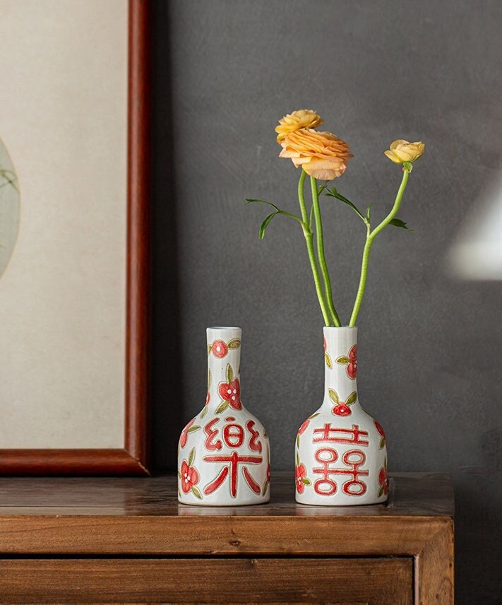 Double happiness small vase, Wedding gift vase, housewarming gift, Hand painted Flower Vase, Kungfu Tea Table Vase, 3 styles, Home Decor