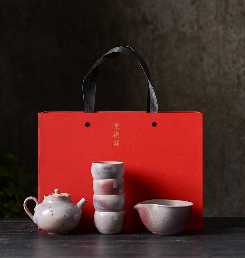 Pink Ice Crackle Glaze Kungfu Tea Set, Handmade, Jingdezhen Teapot Set - 1 Teapot, 1 Fairness Cup and 4 Cups, Gongfu Tea Lovers Gift