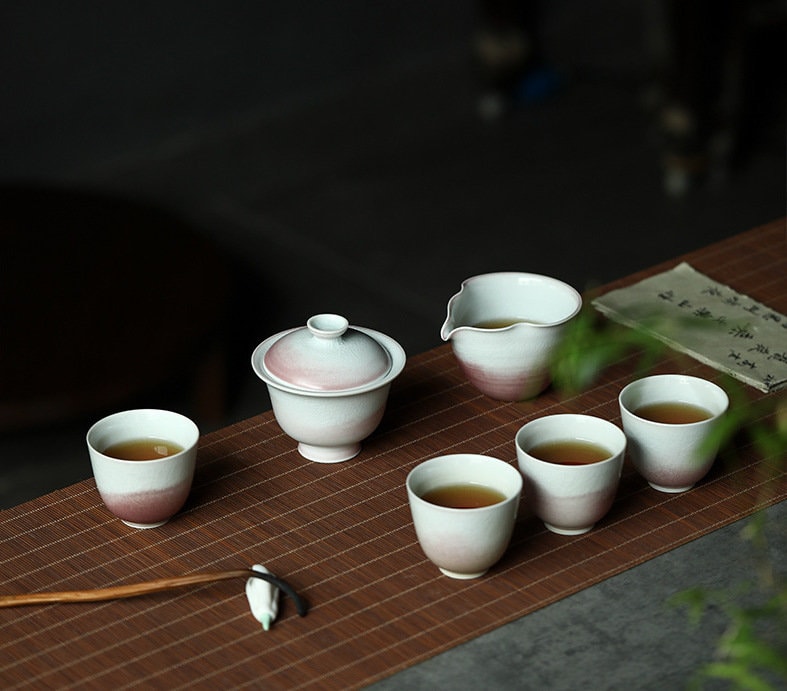 Handmade Pink Gaiwan Tea Set, Jingdezhen handmade tea set, Chinese Gongfu tea ceremony set, Asian Tea Set, Kungfu Tea Lovers Gift Set