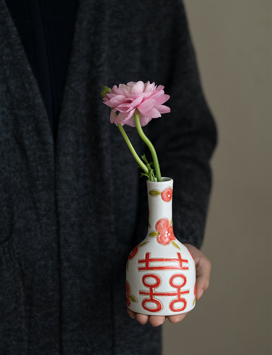 Double happiness small vase, Wedding gift vase, housewarming gift, Hand painted Flower Vase, Kungfu Tea Table Vase, 3 styles, Home Decor