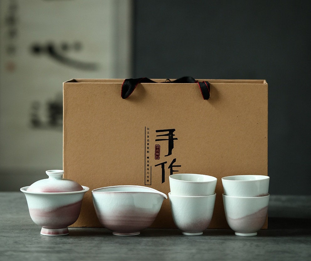 Handmade Pink Gaiwan Tea Set, Jingdezhen handmade tea set, Chinese Gongfu tea ceremony set, Asian Tea Set, Kungfu Tea Lovers Gift Set