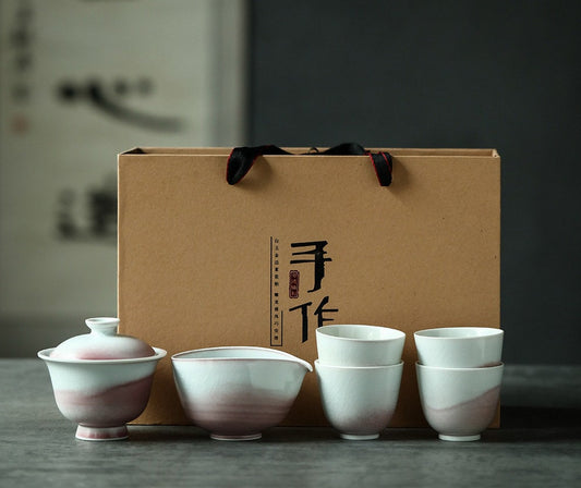 Handmade Pink Gaiwan Tea Set, Jingdezhen handmade tea set, Chinese Gongfu tea ceremony set, Asian Tea Set, Kungfu Tea Lovers Gift Set