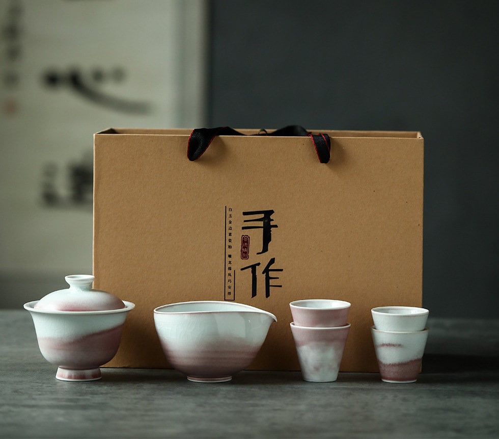 Handmade Pink Gaiwan Tea Set, Jingdezhen handmade tea set, Chinese Gongfu tea ceremony set, Asian Tea Set, Kungfu Tea Lovers Gift Set