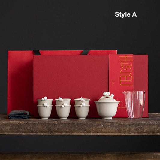 Handmade Plum Flower Gaiwan Set for loose leaf tea brewing, Gaiwan Set - 1 Gaiwan, 6 cups and 1 glass pitcher, Gongfu Tea Ceremony Set