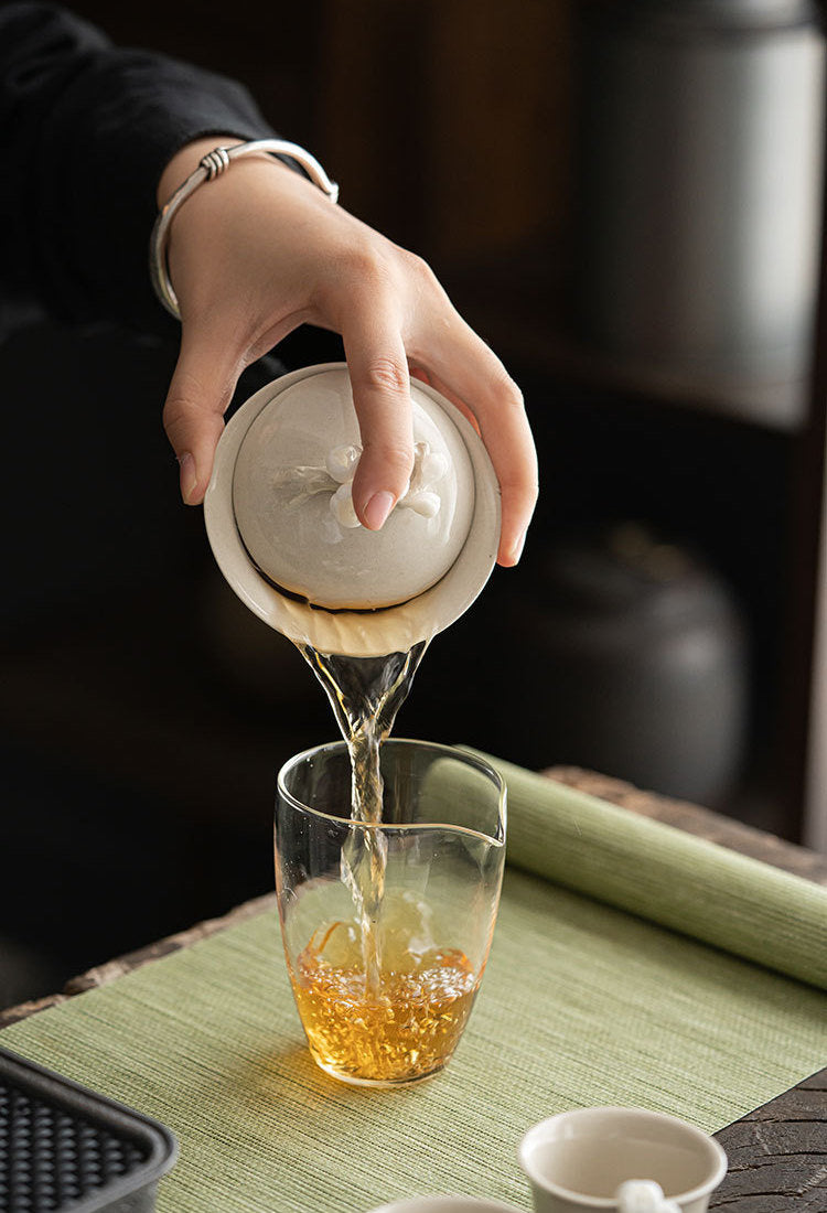 Handmade Plum Flower Gaiwan Set for loose leaf tea brewing, Gaiwan Set - 1 Gaiwan, 6 cups and 1 glass pitcher, Gongfu Tea Ceremony Set