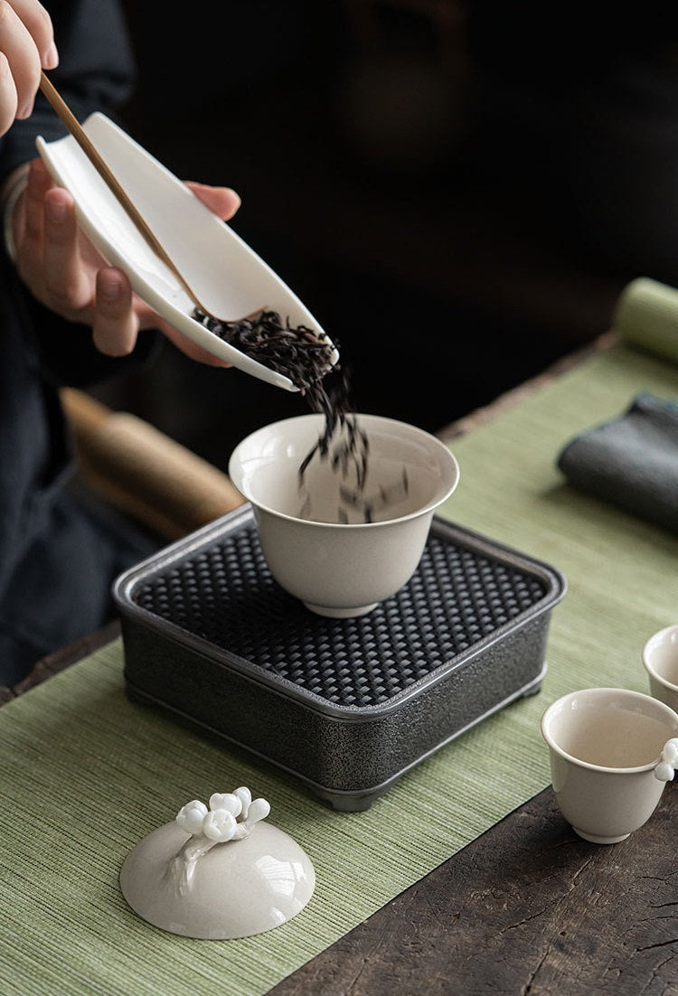 Handmade Plum Flower Gaiwan Set for loose leaf tea brewing, Gaiwan Set - 1 Gaiwan, 6 cups and 1 glass pitcher, Gongfu Tea Ceremony Set