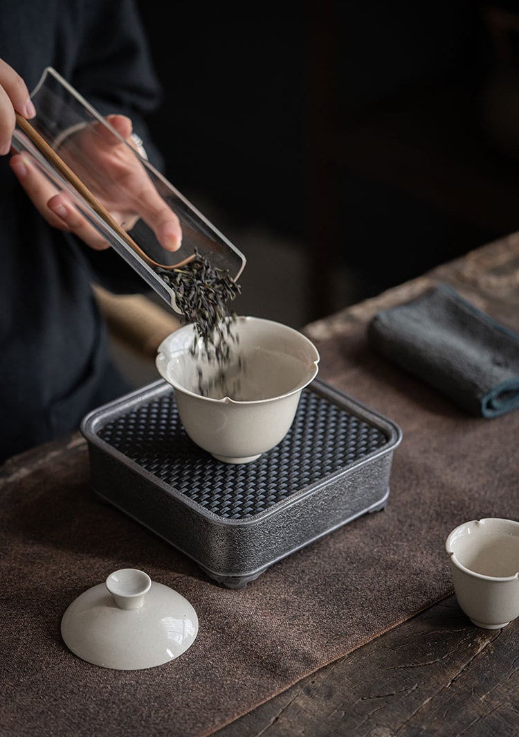 Handmade Plum Flower Gaiwan Set for loose leaf tea brewing, Gaiwan Set - 1 Gaiwan, 6 cups and 1 glass pitcher, Gongfu Tea Ceremony Set