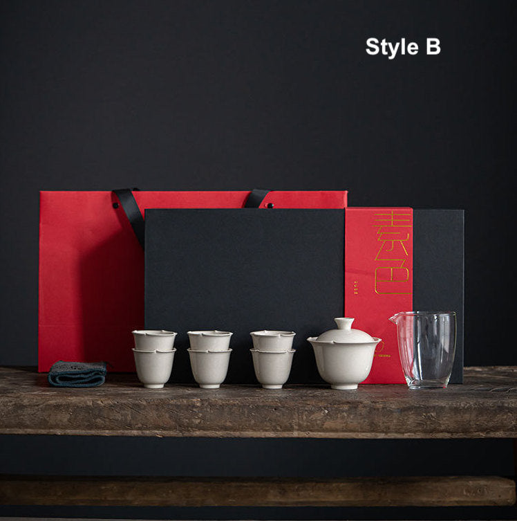 Handmade Plum Flower Gaiwan Set for loose leaf tea brewing, Gaiwan Set - 1 Gaiwan, 6 cups and 1 glass pitcher, Gongfu Tea Ceremony Set