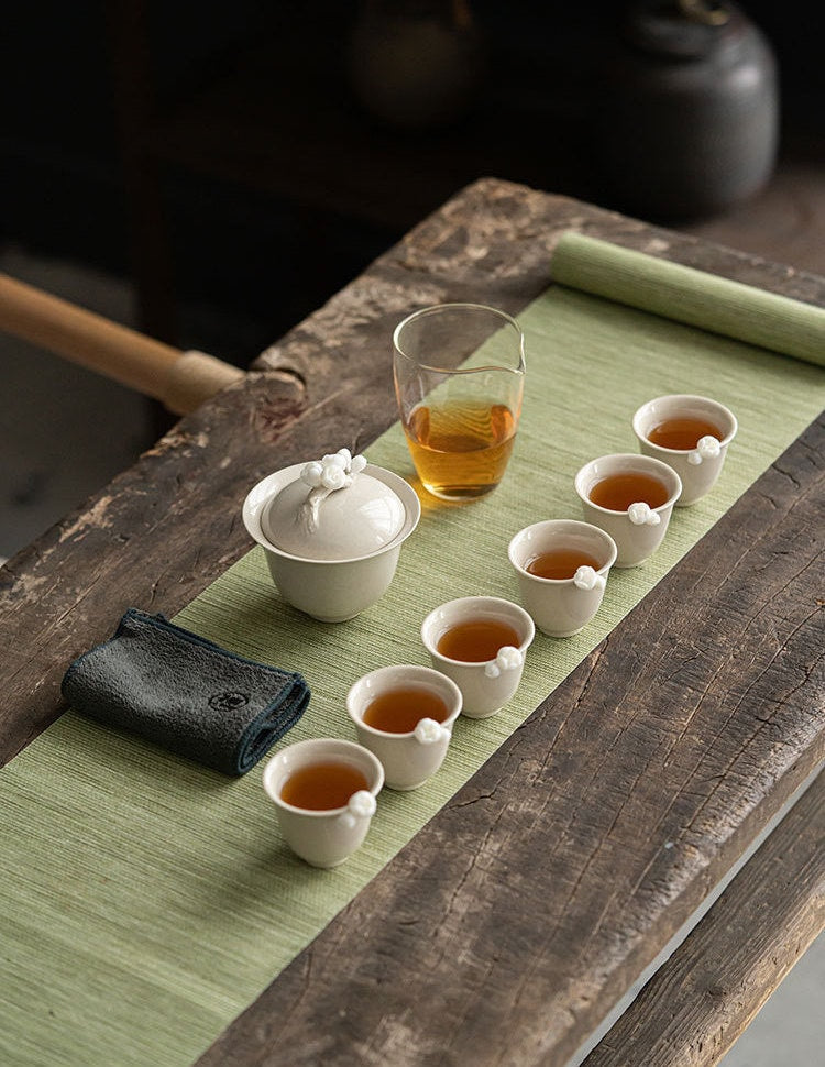 Handmade Plum Flower Gaiwan Set for loose leaf tea brewing, Gaiwan Set - 1 Gaiwan, 6 cups and 1 glass pitcher, Gongfu Tea Ceremony Set