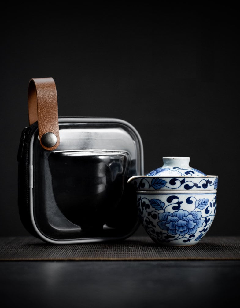 Blue White Floral Travel Tea Set for One, Portable Kung Fu Tea Set, Vintage Style Blue White China Pattern, Gift for Gongfu Tea Lovers