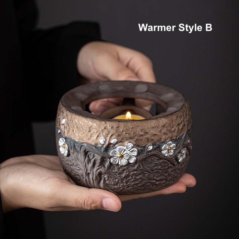 Japanese Style Earthenware Gongfu Teapot 300ml/ 10oz, Handmade Kung Fu Teapot+Warmer Set, 3D Silver Plum Flower Design, Gift for Tea Lovers