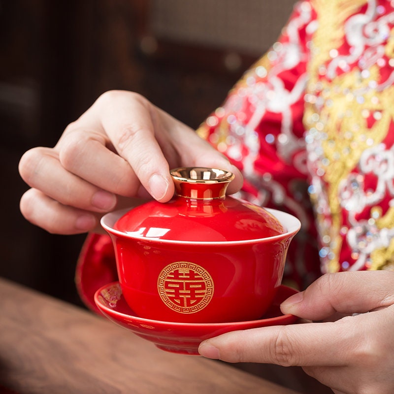 Chinese wedding Tea Set, Tea Ceremony Set for Oriental Wedding, Double Happiness Tea Set - 1 Teapot, 4 Gaiwans and Tray, Wedding Tea Set