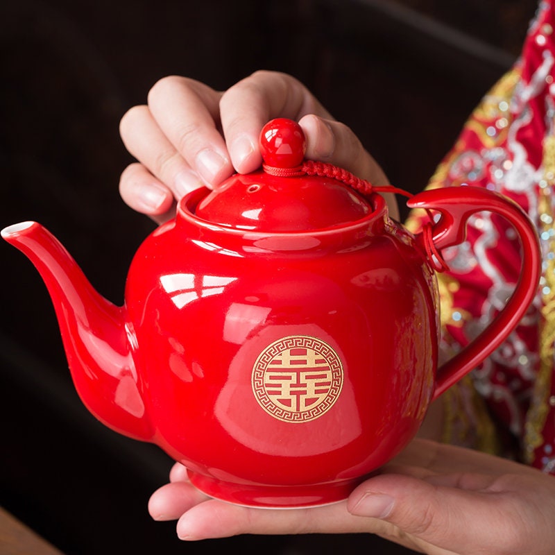 Chinese wedding Tea Set, Tea Ceremony Set for Oriental Wedding, Double Happiness Tea Set - 1 Teapot, 4 Gaiwans and Tray, Wedding Tea Set