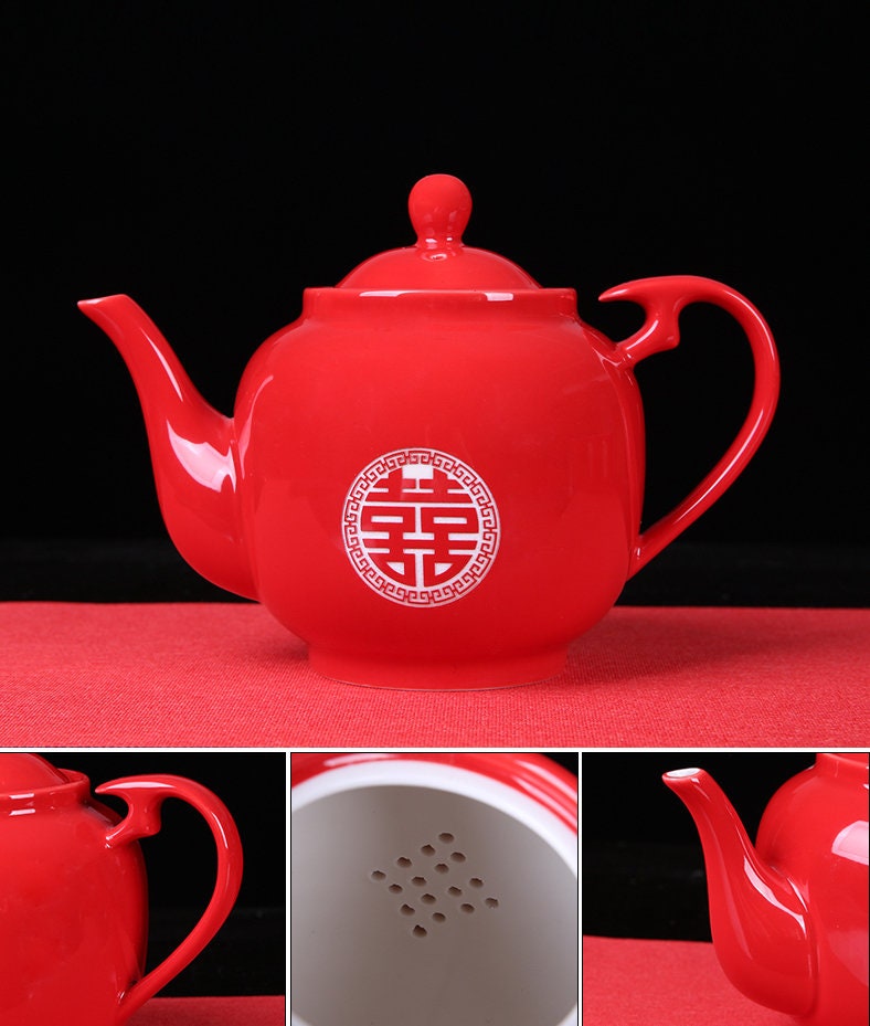 Chinese wedding Tea Set, Tea Ceremony Set for Oriental Wedding, Double Happiness Tea Set - 1 Teapot, 4 Gaiwans and Tray, Wedding Tea Set