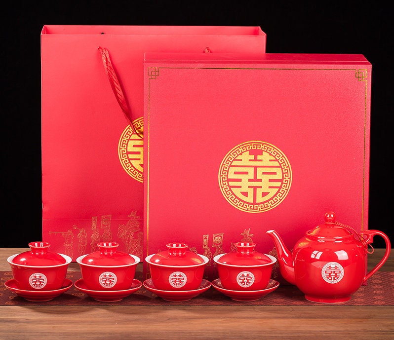 Chinese wedding Tea Set, Tea Ceremony Set for Oriental Wedding, Double Happiness Tea Set - 1 Teapot, 4 Gaiwans and Tray, Wedding Tea Set