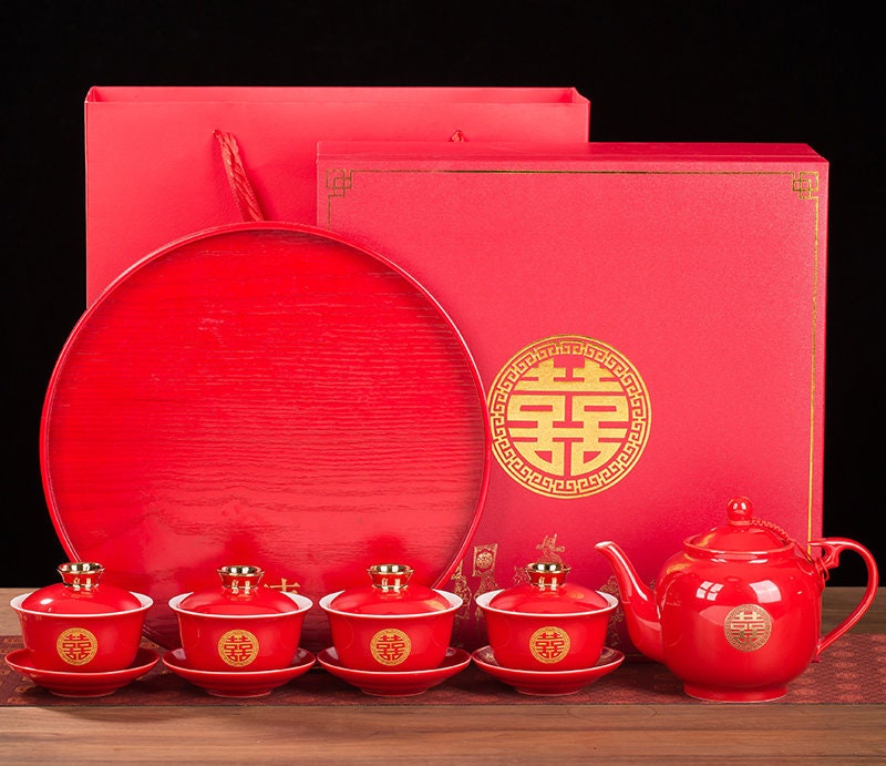 Chinese wedding Tea Set, Tea Ceremony Set for Oriental Wedding, Double Happiness Tea Set - 1 Teapot, 4 Gaiwans and Tray, Wedding Tea Set